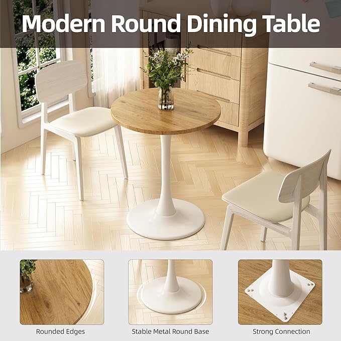 Round Dining Table 27.5" Circle Tulip Table with Wood Thickened Tabletop & Sturdy Metal Pedestal Mid Century Modern Leisure Bistro Kitchen Tables 4 People Small Places Living Room Cafe,Oak