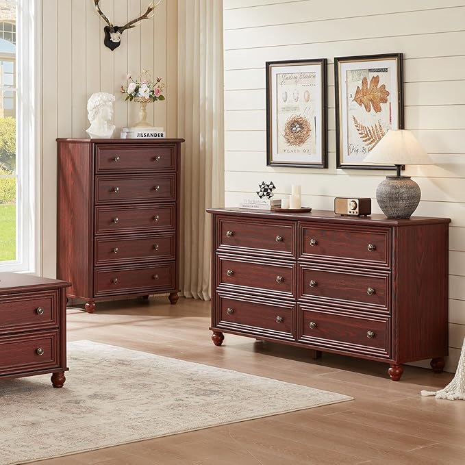 Farmhouse Dressers & Night Stand Set of 3, Wood 54'' Wide Dresser & 18'' Chest of Drawers, Roman Column 3 Drawers Nightstand Set of 2, Bedroom Furniture Dresser Suites for Living Room, Hallway Home
