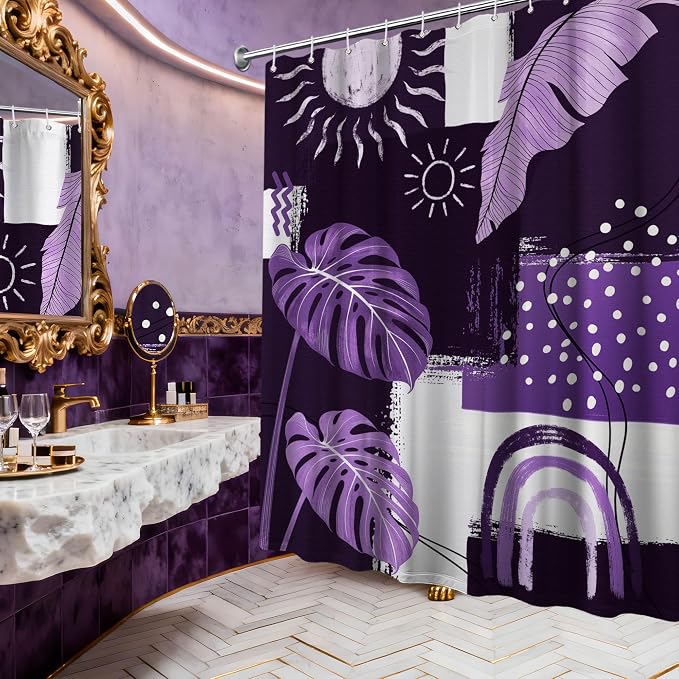Purple Mid Century Modern Shower Curtain Bohemian Abstract Lavender Shower Curtains for Bathroom Decor Sets, Waterproof Cloth Fabric with Hooks, 70x72 Inch