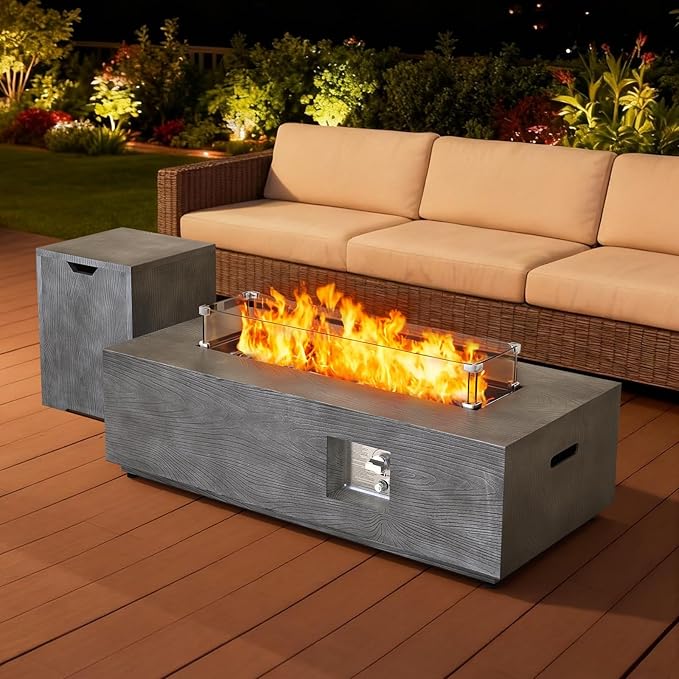 2-Piece 42" Rectangular Propane Fire Pit for Outside Patio with Hidden Tank Table, 50,000 BTU Fireplaces with Glass Wind Guard, Lid, Glass Rocks, Cover(Grey Wood Grain)