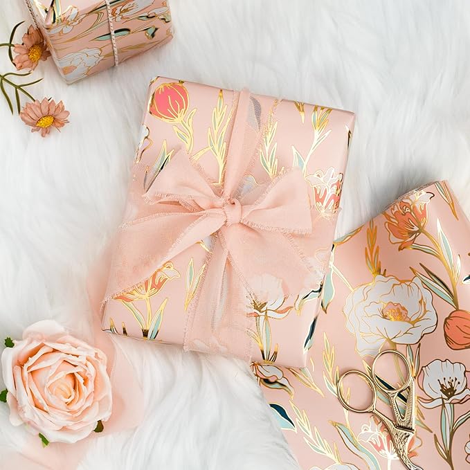 Merture Floral Wrapping Paper Roll - 17 In X 32.8 Ft - 1 Roll (46.5 sqft.ttl.) Pink Wedding Wrapping Paper Gift Wrap paper for Wedding, Bridal Shower，Valentines Day, Mothers Day, Birthday, Christmas