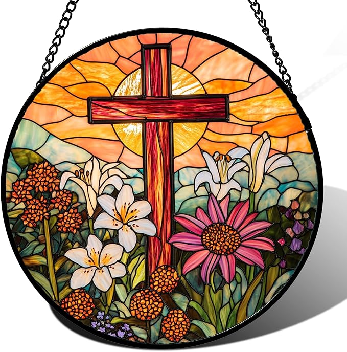 Christian Gifts for Women - Cross Stained Glass Window Hanging Easter Flower Sunset Landscape Sun Catcher Garden Religion Decor Mother's Day Catholic Gift for Men Grandma Mom Her Nana 7.8"