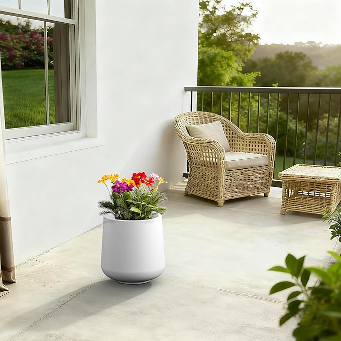 Kante 11.6" Dia Round Concrete Planter, Outdoor Indoor Large Plant Pots Containers with Drainage Hole and Rubber Plug for Home Garden Patio, Pure White