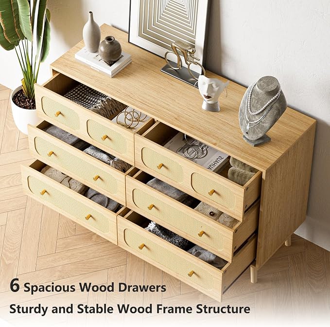 SINROM® Rattan Dresser for Bedroom, Modern 6 Drawer Dresser with Gold Handles, Wood Storage Chest of Drawers for Bedroom, Living Room, Hallway and Entryway, Natural
