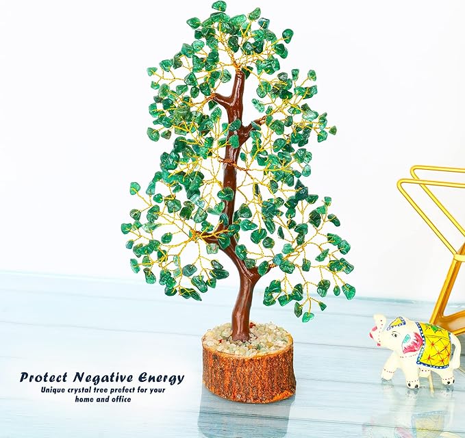 Healing Crystal Money Trees Feng Shui Gift Handmade Reiki Crystals & Stone Home Office Table Décor Good Luck Throat Chakras (Green Aventurine Golden Wire)