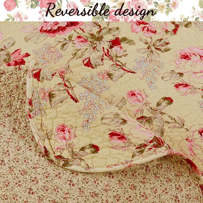 Cozy Line Home Fashions Lelia Pink Rose Blooming Floral Vintage Yellow 100% Cotton Reversible Quilt Bedding Set, Coverlet Bedspread (Rose Vivid, King - 3 Piece)