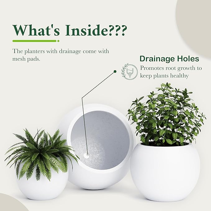 DTY Signature Mount Sherman Modern Indoor Outdoor Fiberstone Sphere Planter, Durable Round Garden Pot, Weather Resistant, Drainage Hole & Rubber Plug, Planter for Christmas Tree - Large, White