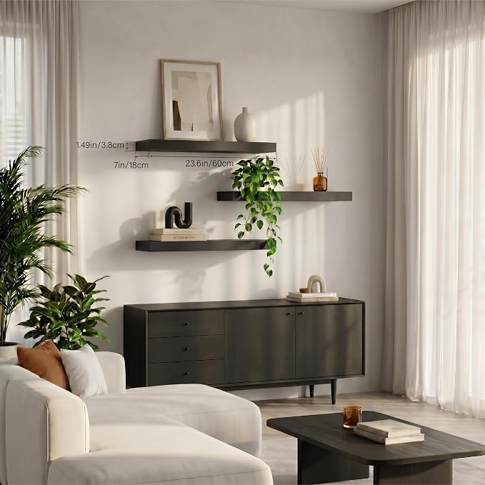 Floating Shelves for Wall, Bathroom Shelves Over Toilet, Wall Shelves & Book Shelf for Room, Hanging Shelf, Modern Wooden Mounted Floating Shelves, 24x7x1.5 in (Black, Set of 3)