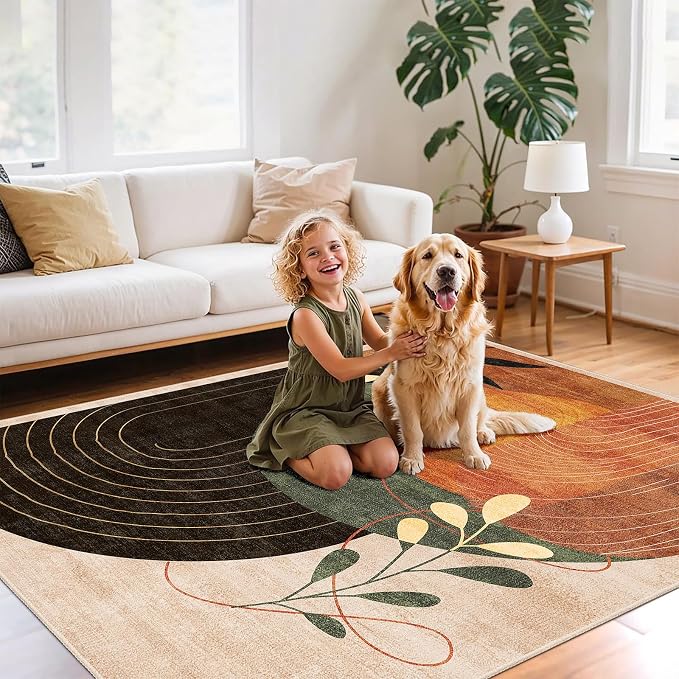 MUJOO Washable 8x10 Area Rugs for Living Room Bedroom Dining Room Large Boho Non Slip Carpet Indoor Mid Century Modern Abstract Botanical Geometric Terracotta
