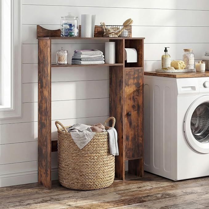 Tangkula Over the Toilet Storage Cabinet, Bathroom Organizer with Toilet Paper Holder, Adjustable Shelves, Freestanding Behind Toilet Stand, Perfect for Bathroom, Laundry (Modern, Rustic Brown)