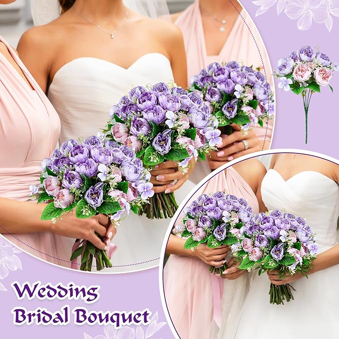 Olgaa 12 Bundles Peonies Artificial Flowers Fake Peony Bouquet Faux Peonies Flowers Bulk with Stems Flower Balls for Centerpiece Table Decorations Wedding Bridal Floral Arrangement (Purple)
