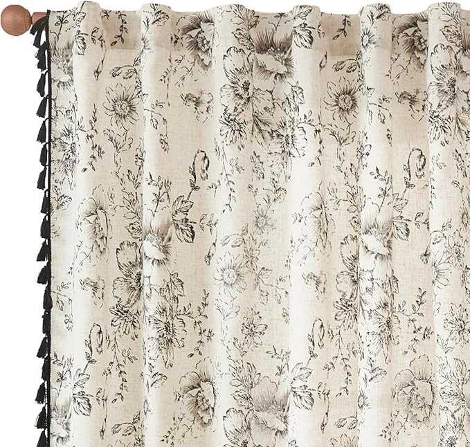 JINCHAN Linen Blend Floral Curtains for Living Room & Bedroom - 63 Inch Length Printed Curtains with Tassels & Rod Pocket - Farmhouse Rustic Peony Flower Patterned Drapes - Set of 2 Panels