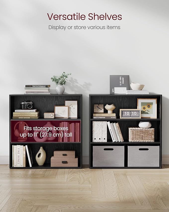 VASAGLE Set of 2 Bookshelves, 31.5 Inches Wide, 3-Tier Open Bookcases with Adjustable Storage Shelves, Floor Standing Units, Ebony Black ULBC173T56-2
