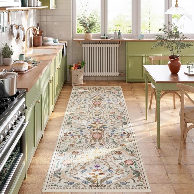 AMTOVO 2x6 Runner Rug for Hallway, Washable Non-Slip Long Kitchen Carpet, Floral Vintage Distressed Floor Mat for Hallways Entryway Living Room Laundry Room Bathroom Farmhouse, Beige