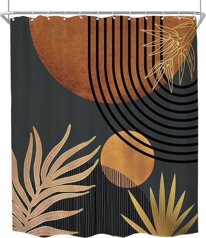 KOMLLEX Mid Century Brown Black Boho Shower Curtain for Bathroom Decor 72Wx78H Inches Abstract Modern Plant Botanical Minimalist Arch Sun Neutral Fabric Waterproof Polyester 12 Pack Hooks Pack Hooks