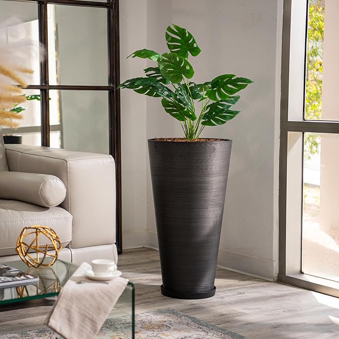 XBrand Modern 28-Inch Tall Round Planter, Modern Tapered Planter Perfect for Indoor & Outdoor Planter, Patio Décor, Black