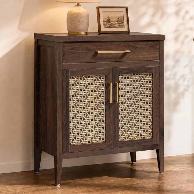 SICOTAS 30" Kitchen Sideboard Buffet Cabinet with Storage, Modern Coffee Bar Cabinet with Adjustable Shelves & Gold Mesh Doors, Storage Cabinet with Drawer for Living Room Entryway, Espresso Walnut