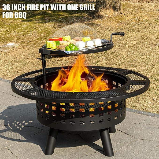 Verdeluxe 36 inch Outdoor Fire Pit with Grill,Wood Burning Fire Pits for Outside with Lid & Fire Poker,Metal 3-in-1 Firepit Table with Cooking Grate,Outdoor Firepit for Yard,Bonfire,Patio(Charcoal)