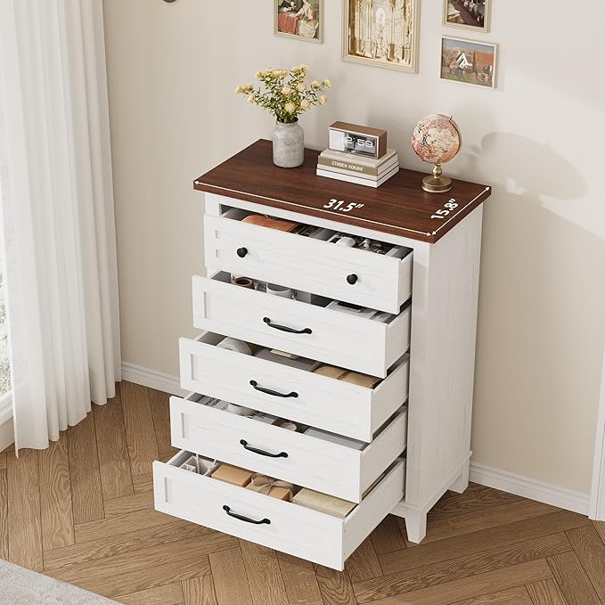 GarveeHome 5 Dresser for Bedroom, 41.3 in Tall Vertical Drawer Dresser with Large Storage, Freestanding Wooden Closet Chest for Bedroom, Living Room, White + Brown