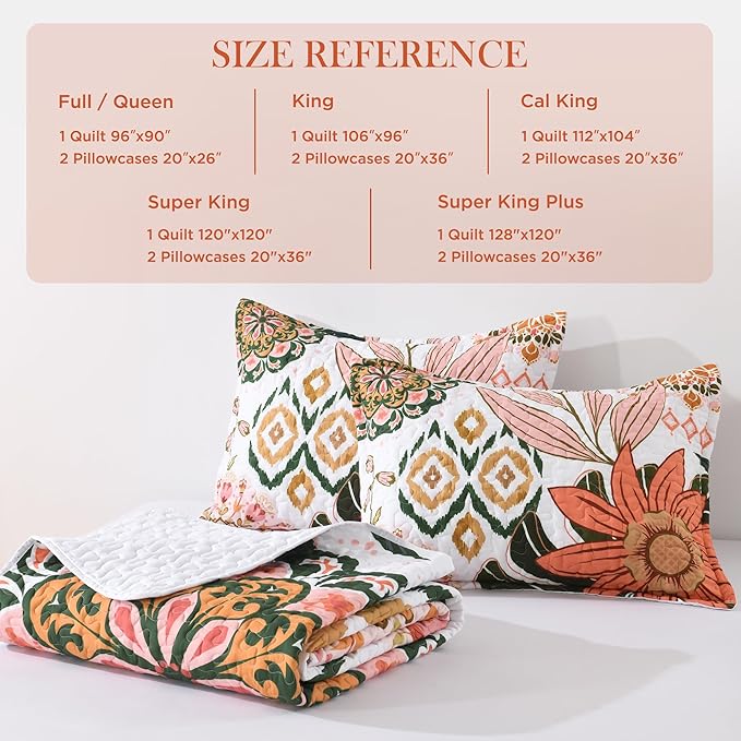 Andency Floral Boho Super King Quilt Bedding Set Pink, 3 Pieces Farmhouse Flower Botanical Bedspreads with 2 Shams, Soft Reversible Lightweight Microfiber Coverlet Set for All Season, 120"x120"