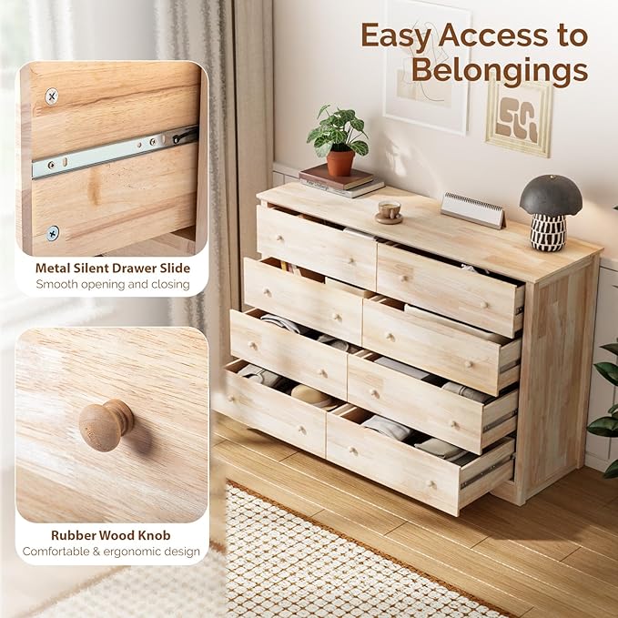 VINGLI 55" W Solid Wood Dresser 8 Drawer, Unfinished Chest for Color DIY, 55.1" W*17.72" D*37" H