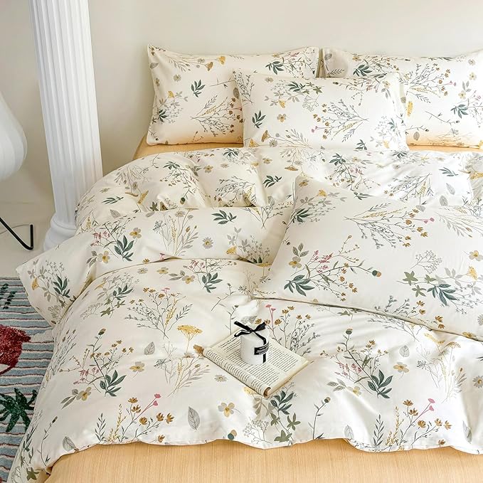 HighBuy Floral Duvet Cover Queen Boho Cozy Cotton Aesthetic Coquette Bedding Set Queen Yellow Flower Botanical French Style Comforter Cover with Zipper Soft Lightweight Duvet Cover Set for Queen Bed