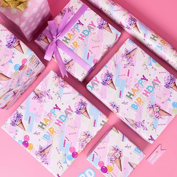 Altarho Reversible Ice Cream Wrapping Paper Roll for Kids Girls Women - 17 Inch x 20 Feet - Pink Summer Happy Birthday and Polka Dot Design Gift Wrap for Baby Shower Party Total 28.5sq.ft