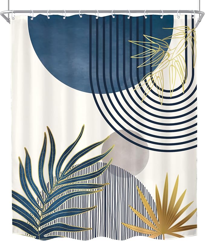 KOMLLEX Mid Century Boho Shower Curtain for Bathroom Decor 72Wx84H Inches Extra Long Navy Blue Gray Abstract Modern Sun Minimalist Leaves Neutral Fabric Waterproof Polyester 12 Pack Hooks Pack Hooks