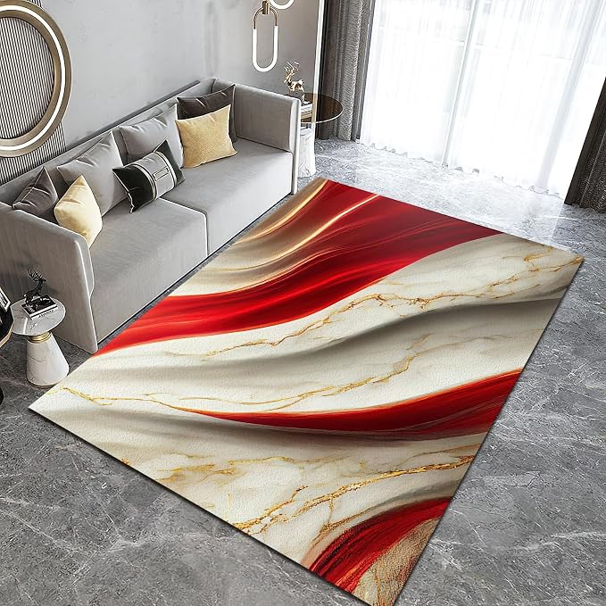 Marble Gilt Texture Red Area Rug, Luxury Marble Non Slip Throw Rug, Machine Washable Durable Carpet for Indoor Bedroom Living Room Office Decor Rug - 4 ft x 6 ft
