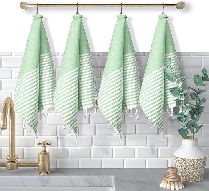 Turkish Kitchen Towels 18x26 Inches with Tassels - 4 Pack - Absorbent, Durable, Soft 100% Cotton Dish Towels for Drying & Cleaning - Machine Washable, Quick Dry - Apple Green