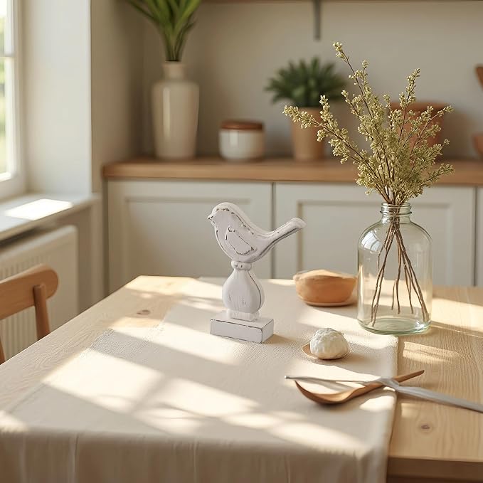 Farmhouse Small Bird Figurines Home Decor for Shelf 6 X 8 Inch, Handmade Distressed White Wooden Decorative Birds Statue Table Decorations for Foyer Dining Room Living Room Bedroom