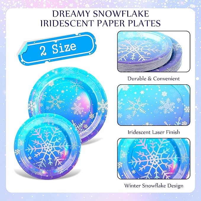 96 Pieces Frozen Iridescent Winter Snowflake Birthday Party Supplies Snowflake Tableware Set Disposable Paper Plates Cups Napkins Serve 24 Guests for Christmas Winter Wonderland Decorations