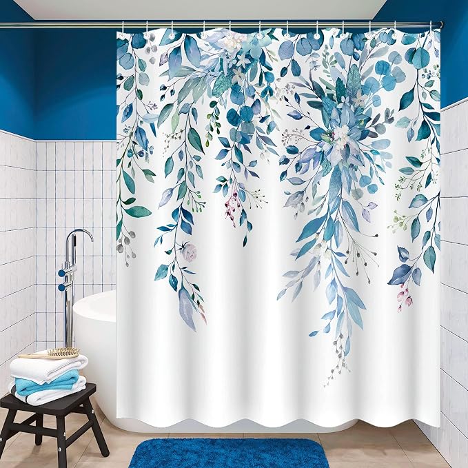 84 Inch Extra Long Blue Eucalyptus Shower Curtain Watercolor Floral Plant Leaf Shower Curtains for Bathroom Botanical Flower Waterproof Fabric Bath Curtain Decor with Hooks (Blue, 72'' x 84'')