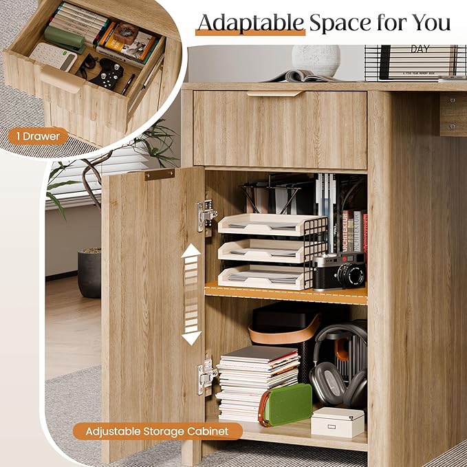 58" Fluted Home Office Desks with Storage, Modern Executive Desk Computer Desk with Drawer & Cabinet, Wood Work Desk for Office, Bedroom, Study, Living Room, Oak