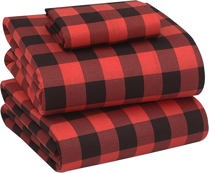 RUVANTI Flannel Sheets Twin XL Size - 100% Cotton Double Brushed Twin XL Sheet Sets, Deep Pockets 16 Inches, All Seasons Breathable & Extra Soft Bed Sheets, Warm & Cozy, 3 Piece, Red & Black Plaid