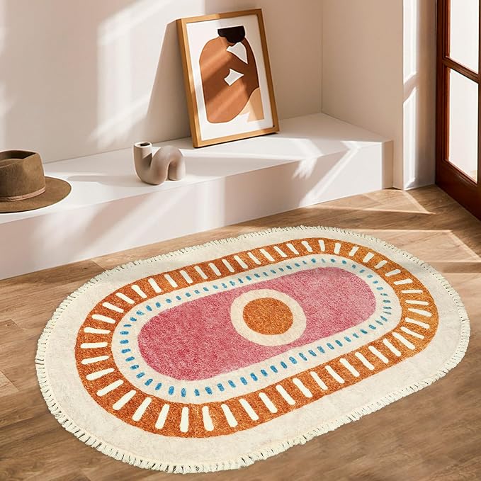 Lukinbox Boho Area Rugs for Living Room, 3x5 Oval Sun Machine Washable Bedroom Rug, Super Soft Non-Slip Orange Circular Rainbow Throw Rug for Entryway Kids Room Playroom Nursery Room Dinning Room