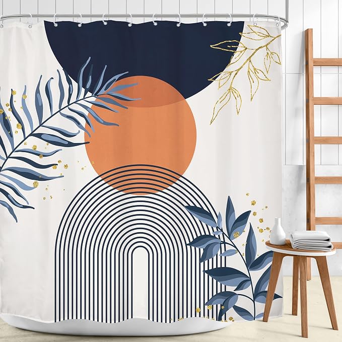 Navy Blue Boho Shower Curtain 72Wx72H Modern Abstract Bohemian Blue Gold Leaves Orange Minimalist Mid Century Plant Bathroom Decor Neutral Geometric Bath Curtain Fabric Polyester 12 Pack Hooks