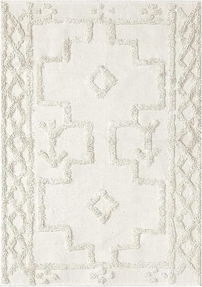 Uphome Boho Area Rug 3' x 5', Cream Washable Cotton Woven Entryway Rug with Tassels, Moroccan Tufted Bedroom Rug, Farmhouse Tribal Floor Carpet for Entry Office Porch Living Room Kitchen