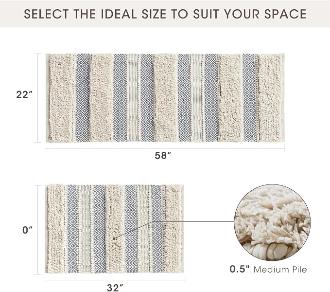 Ink+Ivy Bath Rug Hand-Woven Texture Shaggy Striped Soft & Water Absorbent, Boho Bathroom Décor Bath-Mats, Non-Slip Absorbent Quick Dry Mats for Tub, Shower Room, Asher, 20x32 Grey