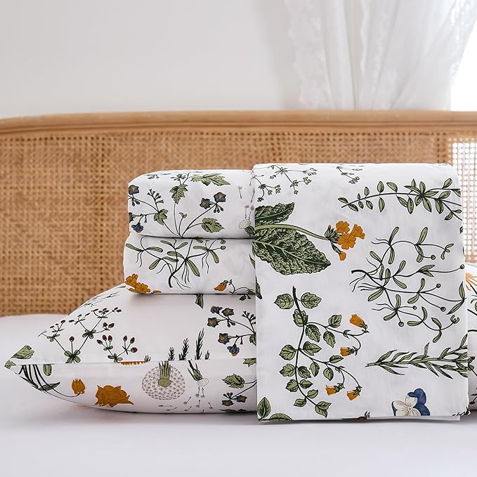 100% Cotton Sheet Set King Size – 4-Piece Vintage Green Floral Bedding Set, Soft Breathable Percale Weave, Deep Pocket Fitted Sheet 17.5", Crisp Cool Feel, Refined Botanical Elegance