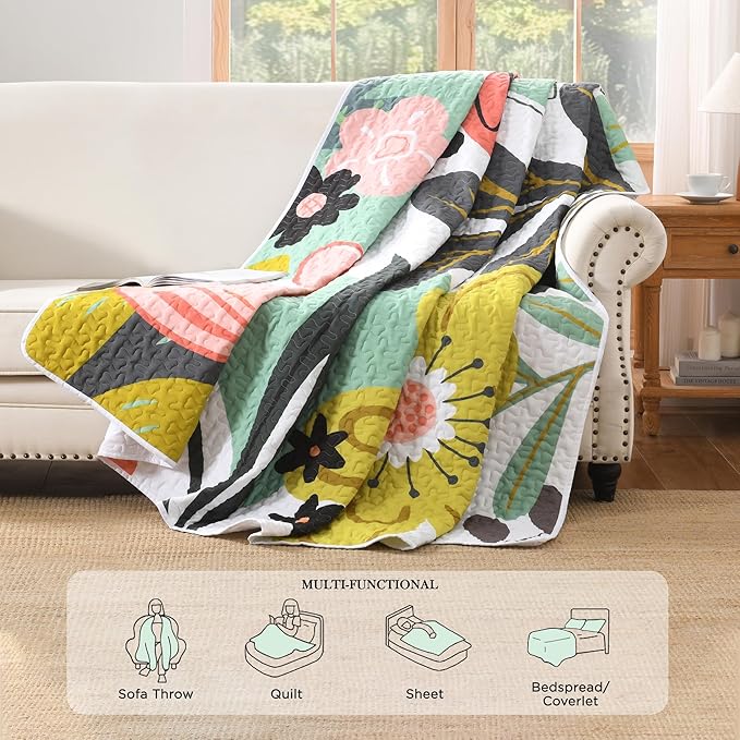 Andency Floral Boho Quilt King Size Bedding Set Green, 3 Pieces Farmhouse Flower Botanical Summer Bedspreads with 2 Shams, Soft Reversible Lightweight Microfiber Coverlet Set for All Season, 106"x96"