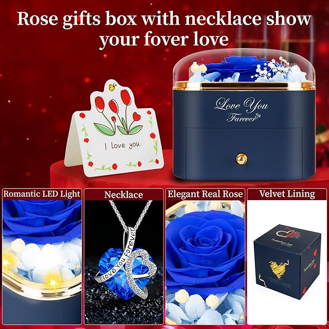 Preserved Blue Real Rose with Heart Necklace -Eternal Flowers Rose Birthday Gifts for Women Wife Mom Girlfriend Grandma Gifts Idea on Christmas Valentines Mothers Day for Her-Blue
