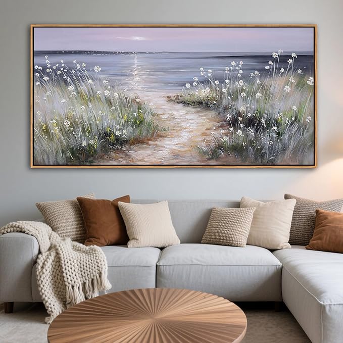 KLAKLA Bedroom Decor Wall Art Blue Beach Picture Ocean Theme Flower Canvas Print Modern Coastal Seascape Painting Framed Seaside Artwork Floral Daisy for Home Sea Lake Living Room 29x58 Inch