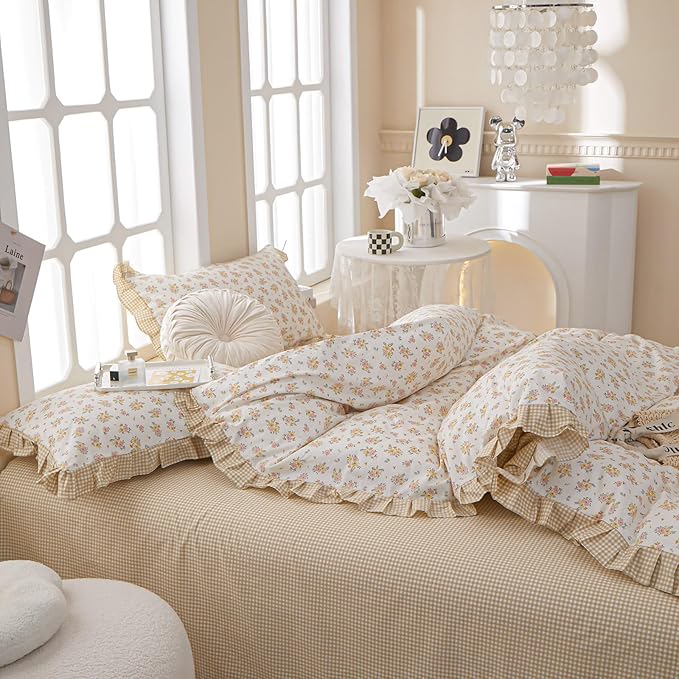 EAVD Girls Floral Duvet Cover Twin White Soft 100% Cotton Chic Garden Yellow Pink Floral Bedding Set with 2 Pillowcases Vintage Style Ruffle Floral Comforter Cover with Zipper