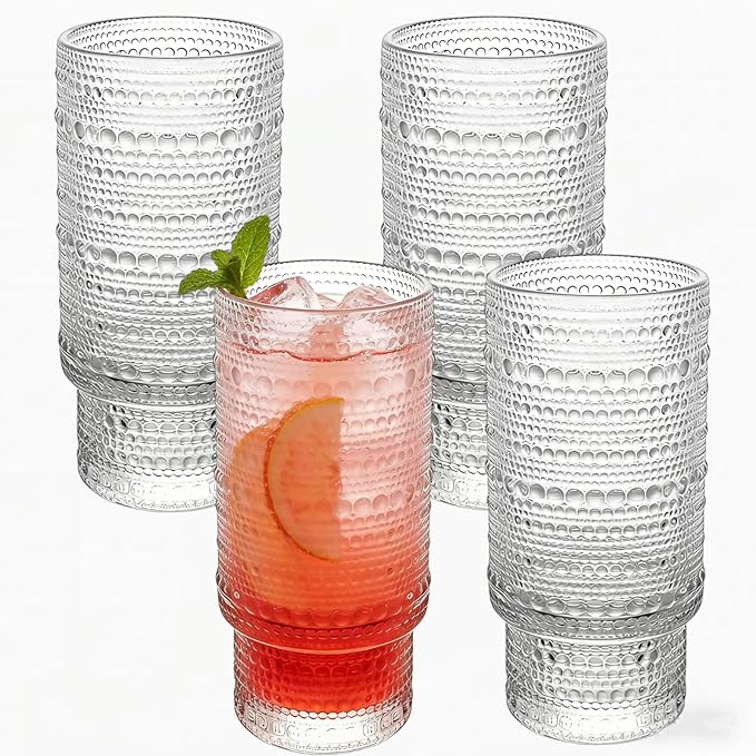 Large Capacity 16 oz Hobnail Drinking Glasses Set of 4, Vintage Glassware Drinking Glasses, Clear Water Glasses Tumbler, Cups for Kitchen, Juice, Beer, Cocktail, Whiskey