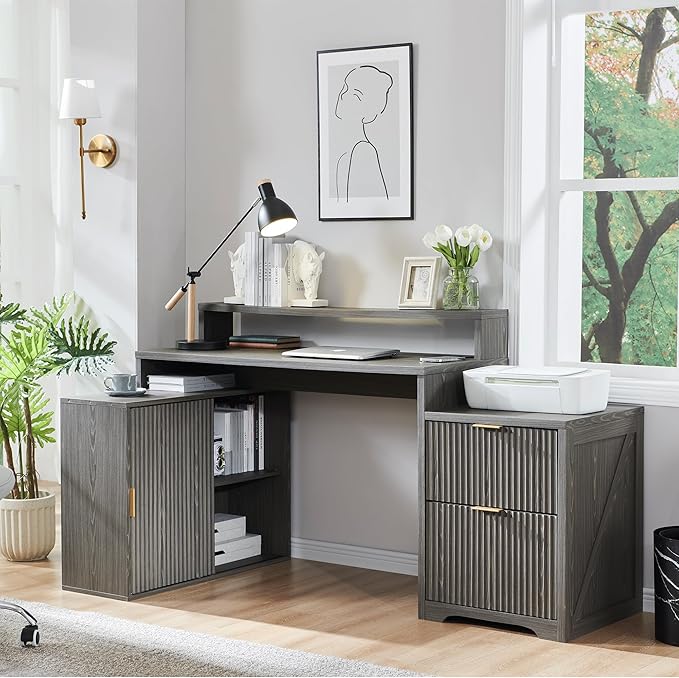 JXQTLINGMU 67" Modern L Shaped Desk with Storage Cabinet & Drawers, Wood Home Office Desk with Power Outlets, Fluted Computer Writing Desk, Grayish Green