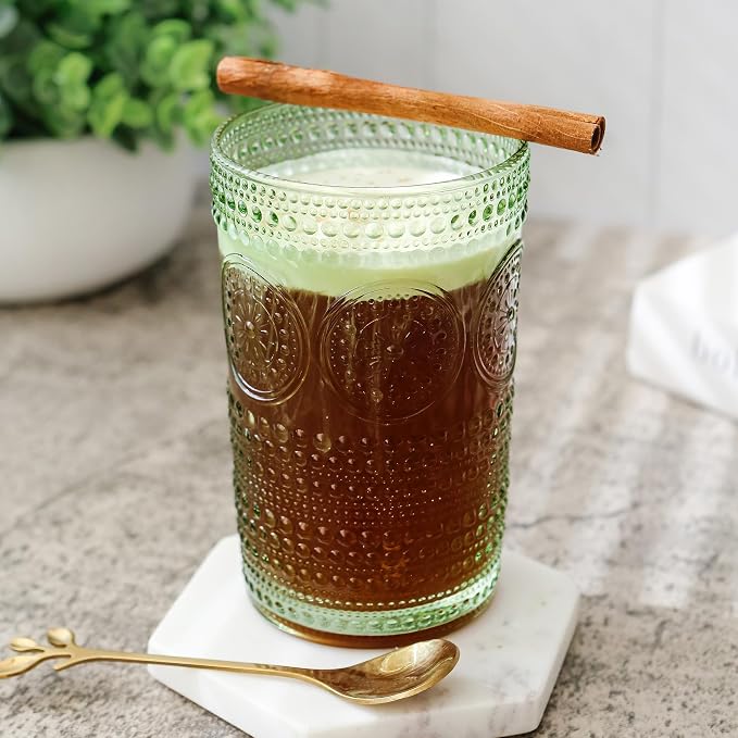 Hobnail Beaded Floral Green Drinking Glasses Set of 6, (13 oz) Vintage Glassware Set by Kate Aspen| Cocktail Glass Set, Juice Glass, Water Cups | Great Hostess Gift & Gift for New Home Owners
