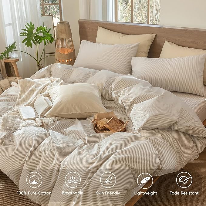 MooMee Striped Duvet Cover Set 100% Washed Cotton Linen Like Textured Breathable Durable Soft Comfy (Tannish Linen Grey White Pinstripes, Super Queen 90"x98")