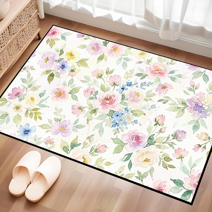 Watercolor Floral Rug 2'x3' Soft Pastel Botanical Area Rug for Entryway Bedroom Living Room Nursery Kitchen Playroom Home Decor Low Pile Non-Slip Washable Carpet