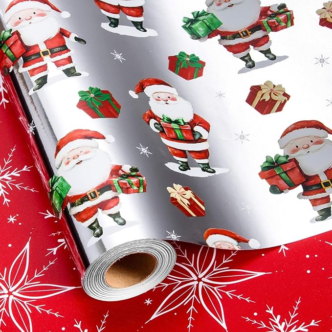 MAYPLUSS Christmas Wrapping Paper Roll - 17IN X 33FT - Gift Wrapping Paper Featuring Santa Claus Snowflake Against Red for Kids, Holiday, New Year